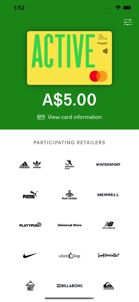 The Card Network - The Card Networkアプリのインターフェース。NikeやAdidasなどの参加小売ブランドと、有効なデジタルカード残高が表示されています。