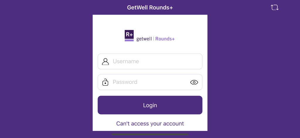Login screen for the GetWell Rounds plus mobile healthcare application