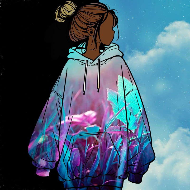 realistic girl with a oversized sweatshirt on and a bun