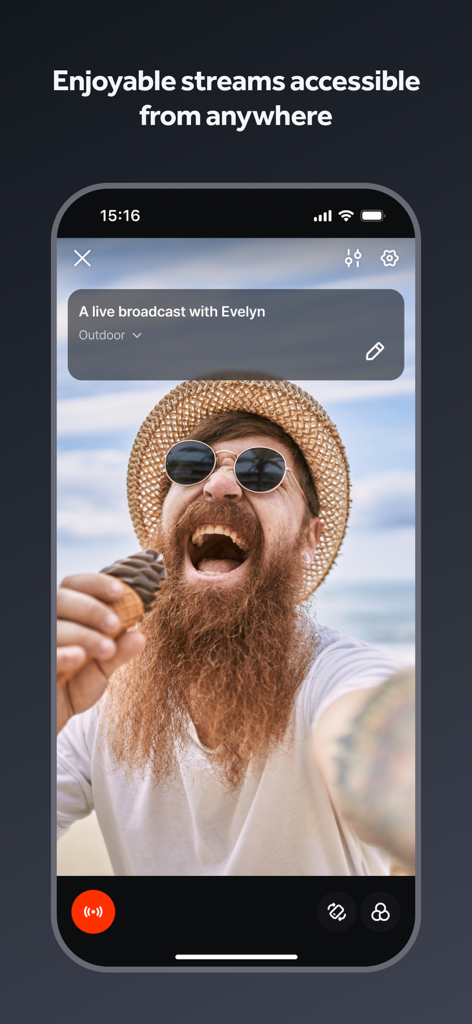 A man live streaming outdoors at the beach on the SOOP mobile app