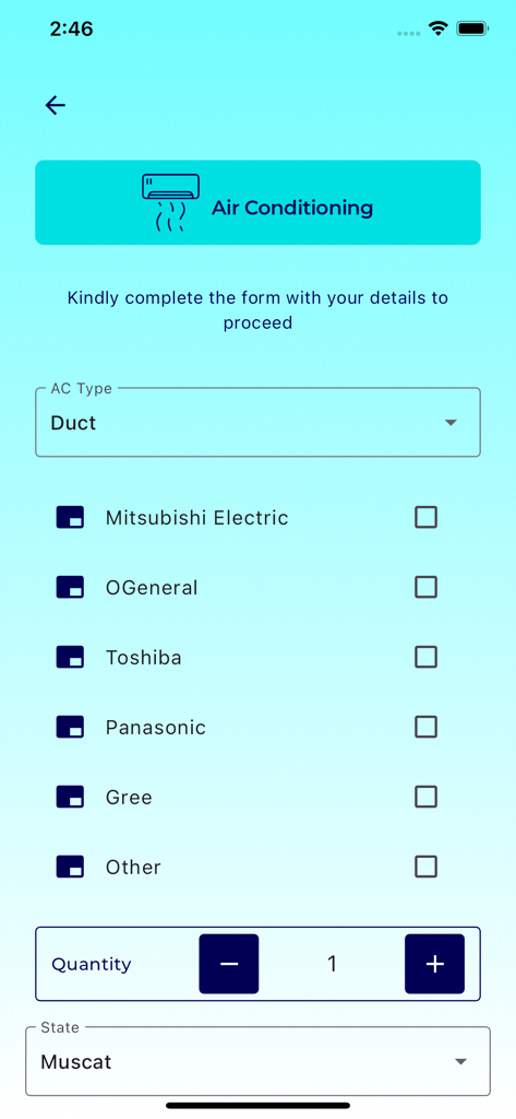 Quotation | كوتيشن - Quotation app screen for requesting air conditioning services with brand selection and quantity options