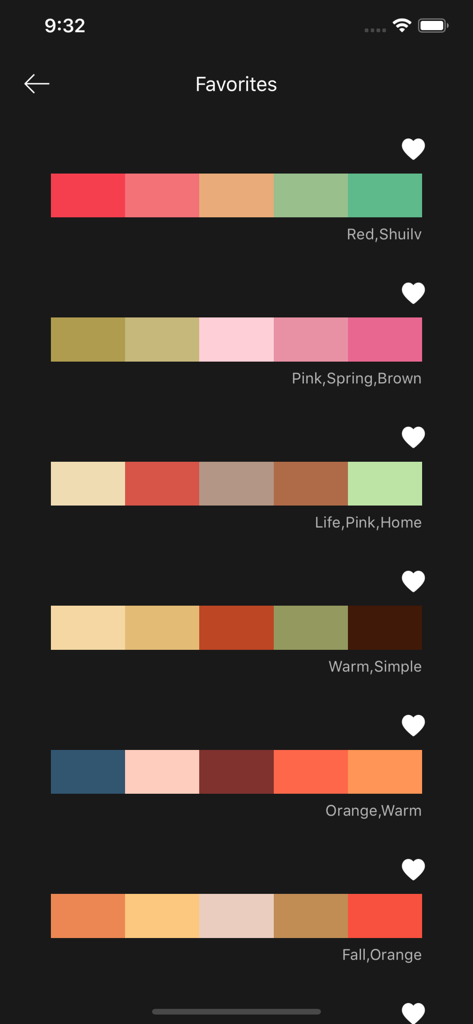 无限色卡-配色无忧 - Favorites screen showing a collection of saved color palettes in the Infinite Color Card app