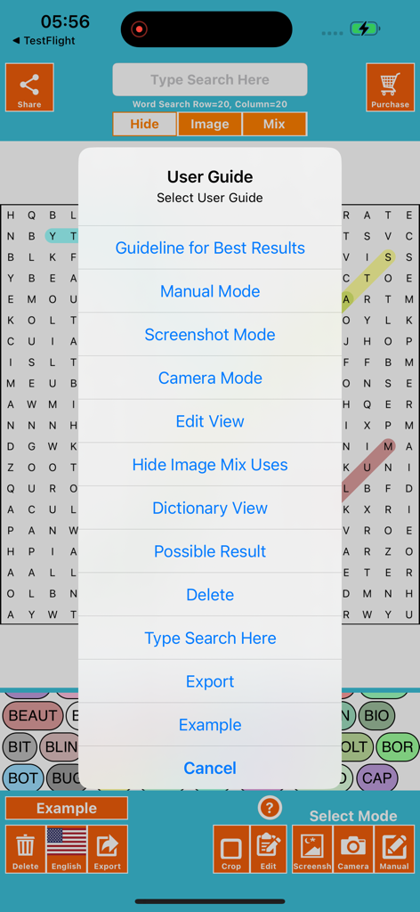 Word Search Solver AI Omniglot - User guide menu showing various solving modes in the Word Search Solver AI app