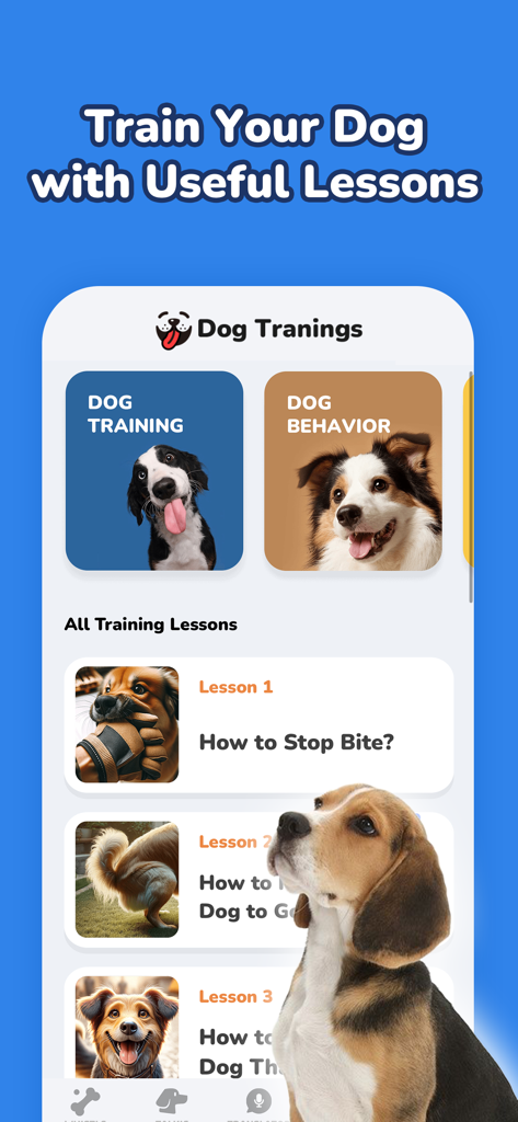 A mobile app screen titled Train Your Dog with Useful Lessons showing dog training and behavior categories with a list of instructional lessons.