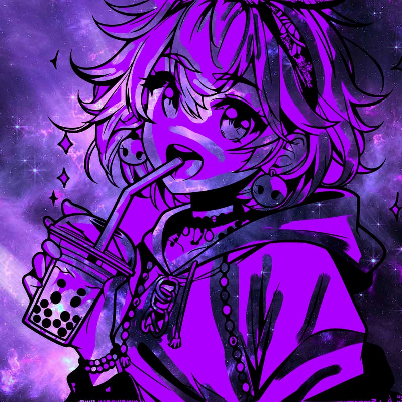 hot baddie anime girl drinking boba and biting the straw