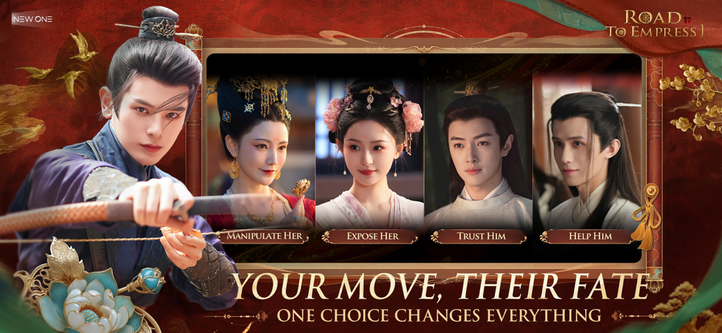 Road to Empress I - Gameplay screen of Road to Empress I showing live-action character portraits with interactive story choices like Trust Him and Expose Her in an ancient palace setting.