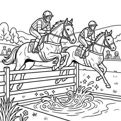 Experience the excitement of horse racing with this thrilling steeplechase coloring page. Watch as jockeys and their powerful horses leap over challenging hurdles and splash through water jumps, ready for your creative touch.