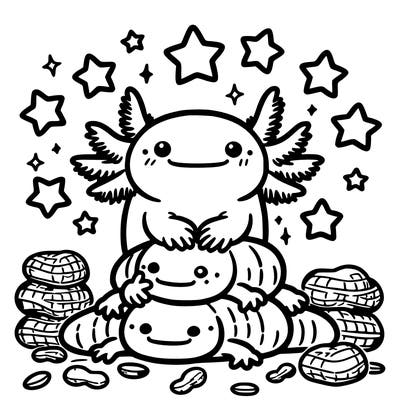 make an axolotl with other axoloto stacked on it with hard stars and peanuts all over it