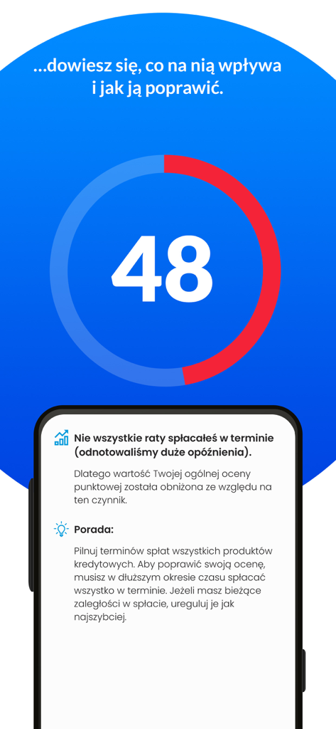 Schnittstelle zur Überwachung des Kredit-Scores, die einen Score von 48 mit personalisierten Finanztipps zur Verbesserung anzeigt