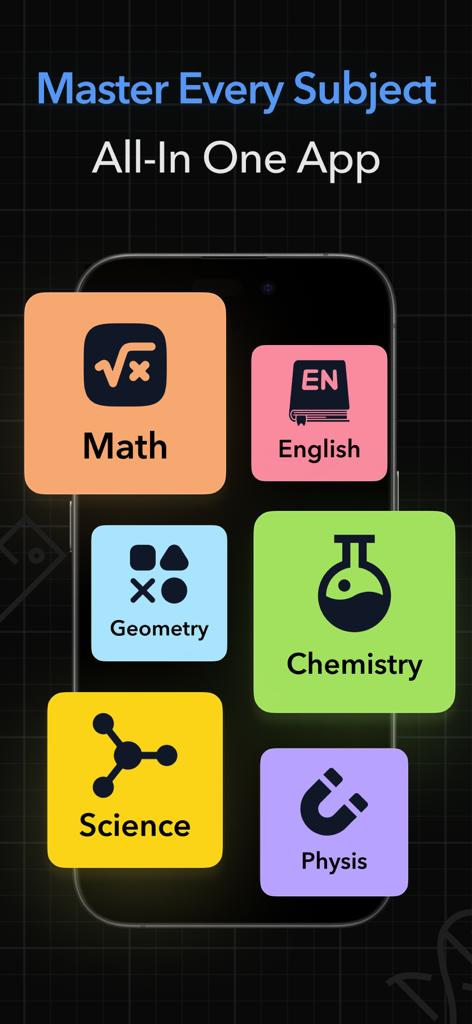 AI Tutor: Homework Helper - Exibição do aplicativo Tutor de IA com matérias de matemática, inglês, química, ciências e física