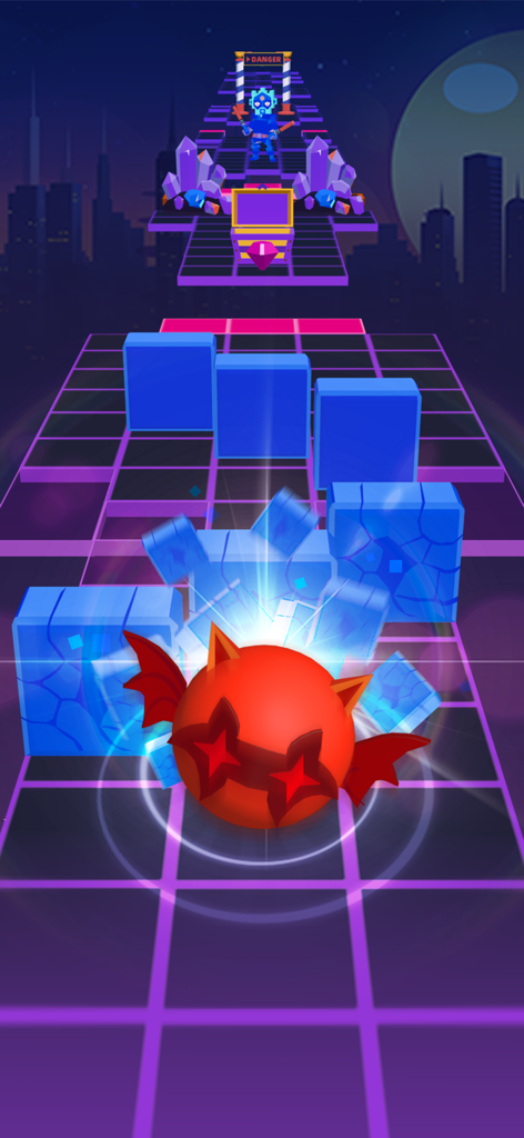 Rolling Sky - Una bola de personaje roja rueda a través de un nivel de ciudad de neón en Rolling Sky, rompiendo bloques azules en una pista de cuadrícula púrpura.