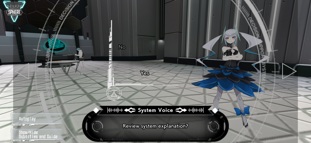 ALTDEUS: Beyond Chronos - A gameplay screenshot from ALTDEUS Beyond Chronos showing character Noa in a futuristic room with a system voice dialogue box and choice options