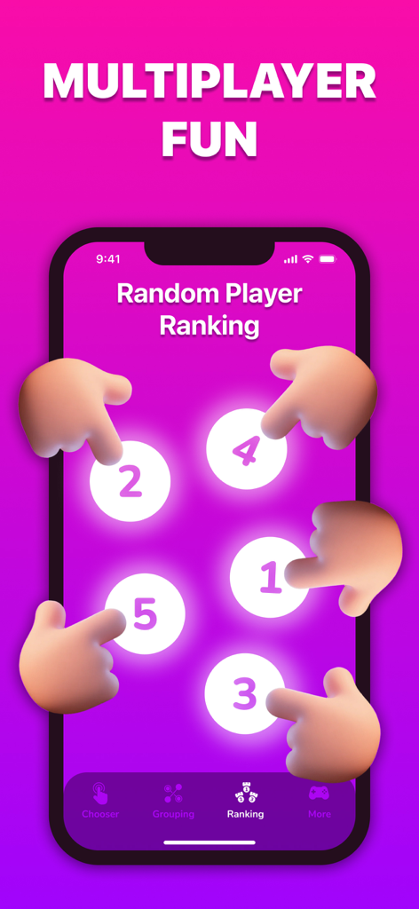 Finger Chooser: Party Picker - Multiplayer random player ranking feature on Finger Chooser app screen showing fingers touching numbered circles.