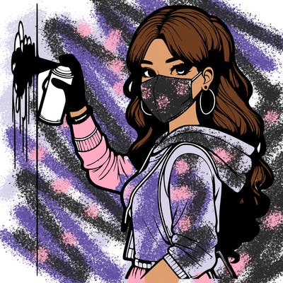 realistic girl with mask spray painting a wall