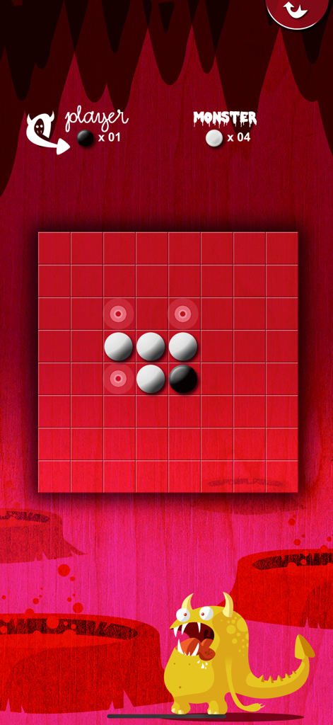 Reversi for Kids - Juego móvil Reversi para Niños que muestra un tablero rojo con temática de monstruos y piezas blancas y negras
