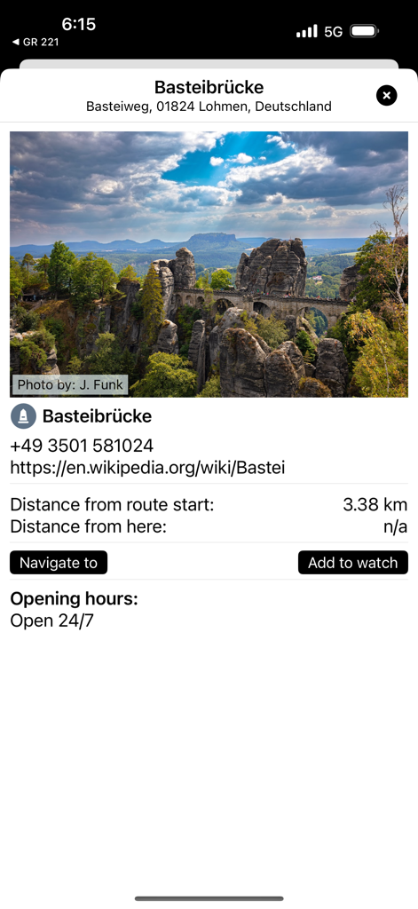 Malerweg - Germany - Basteibrucke bridge detail screen in the Malerweg hiking app with landscape photo and visitor information