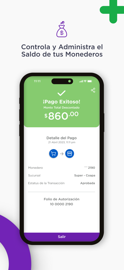 Obtén Más - Captura de pantalla de la aplicación Obtén Más mostrando una confirmación de pago exitoso de ochocientos sesenta pesos en una billetera digital.