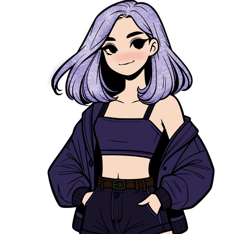 a realistic girl with a crop top and short shorts in an open jacket