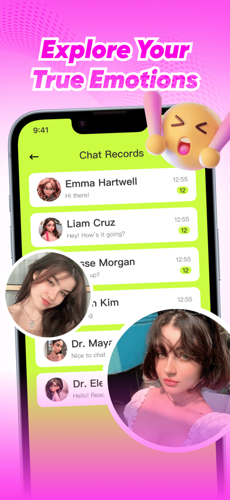 Zanu - Un smartphone mostrando la pantalla de registros de chat de la aplicación Zanu con el titular Explora Tus Verdaderas Emociones