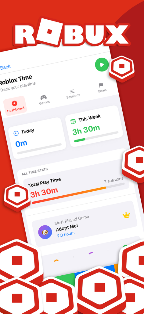 Dashboard of the Robux Maker app showing Roblox playtime statistics and most played games