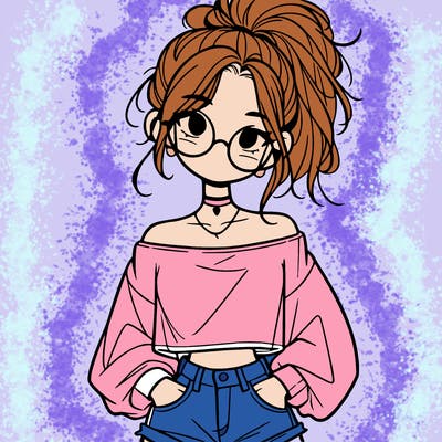 girl with a messy ponytail glasses a baggy crop top and jean shorts