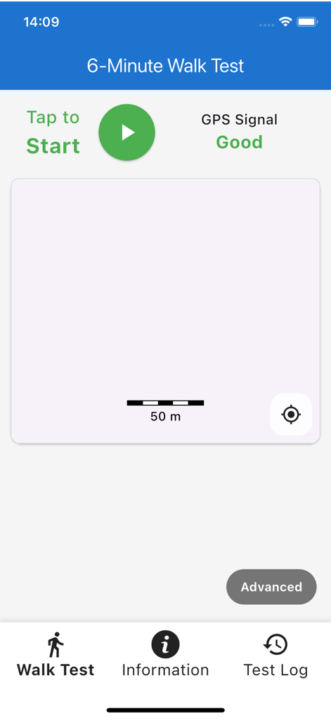 Interfaz de la aplicación de prueba de caminata de 6 minutos que muestra el botón de inicio y el área del mapa para el seguimiento del paciente