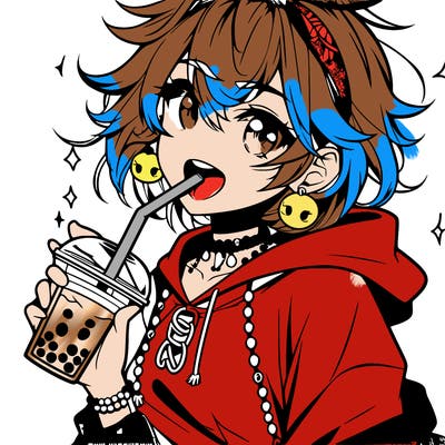 hot baddie anime girl drinking boba and biting the straw