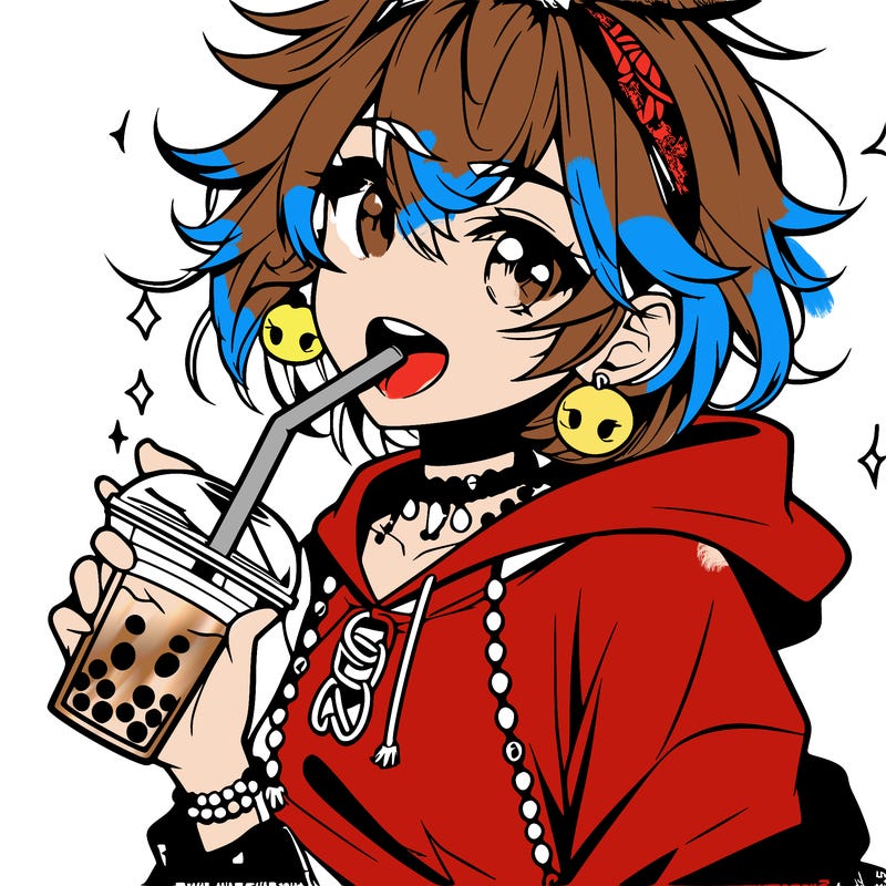 hot baddie anime girl drinking boba and biting the straw
