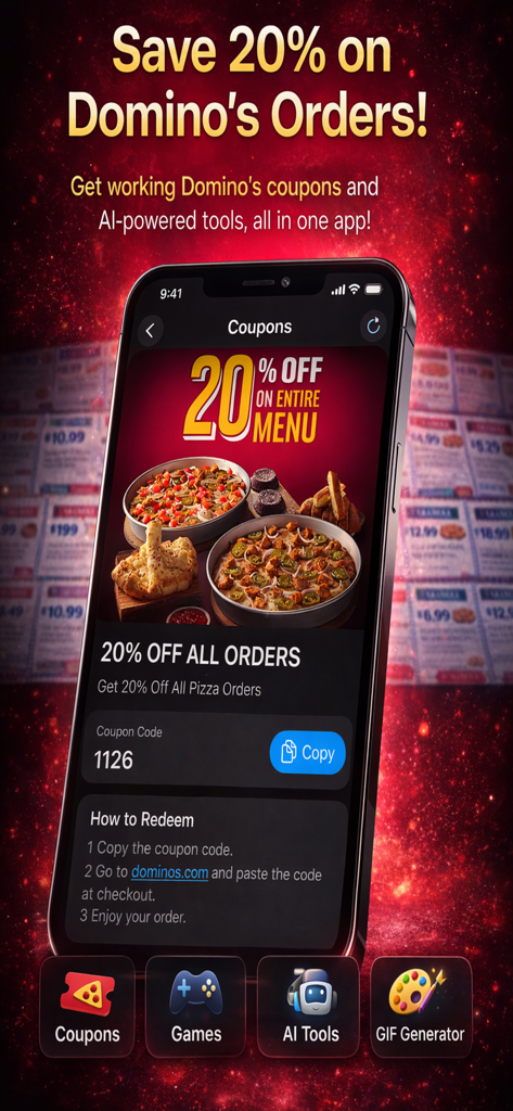 Ein mobiler Bildschirm mit einem 20-Prozent-Rabattgutschein für Domino's Pizza mit Navigationssymbolen für Spiele und KI-Tools