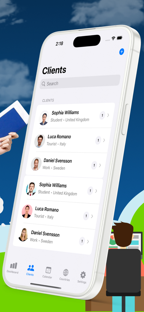 Visa Department App Tracker - Mobile app interface showing a list of visa application clients with their names and visa types