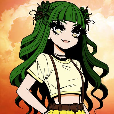 anime teen girl, big eyelashes wearing eye shadow and lip stick wearing tights, and a short skirt, a crop top sleeveless shirt, arylic nails long ish, at broad way