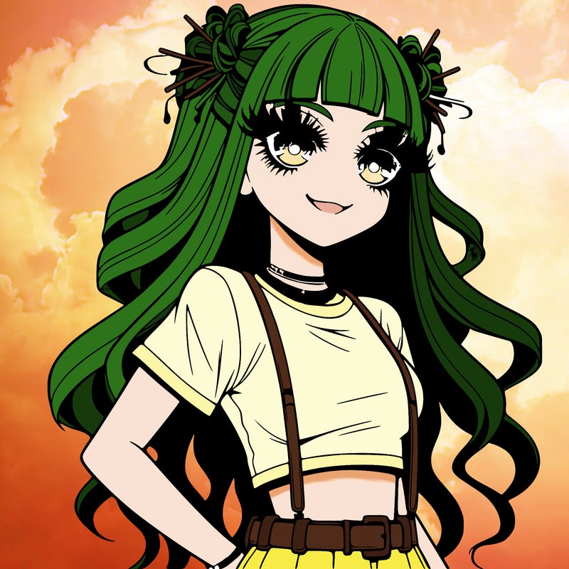 anime teen girl, big eyelashes wearing eye shadow and lip stick wearing tights, and a short skirt, a crop top sleeveless shirt, arylic nails long ish, at broad way