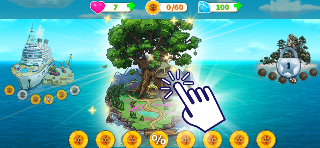 Funmania: time management game - Tropical island map screen with level selection icons and a large tree in Funmania game.
