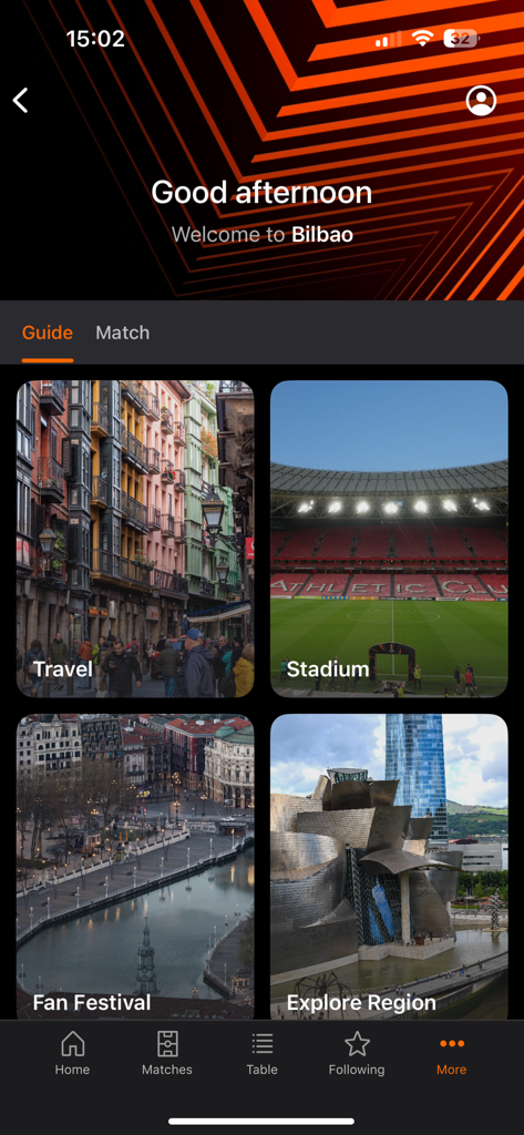 Un guide de la ville de Bilbao dans l'application UEFA Europa League montrant les catégories pour les voyages et le stade