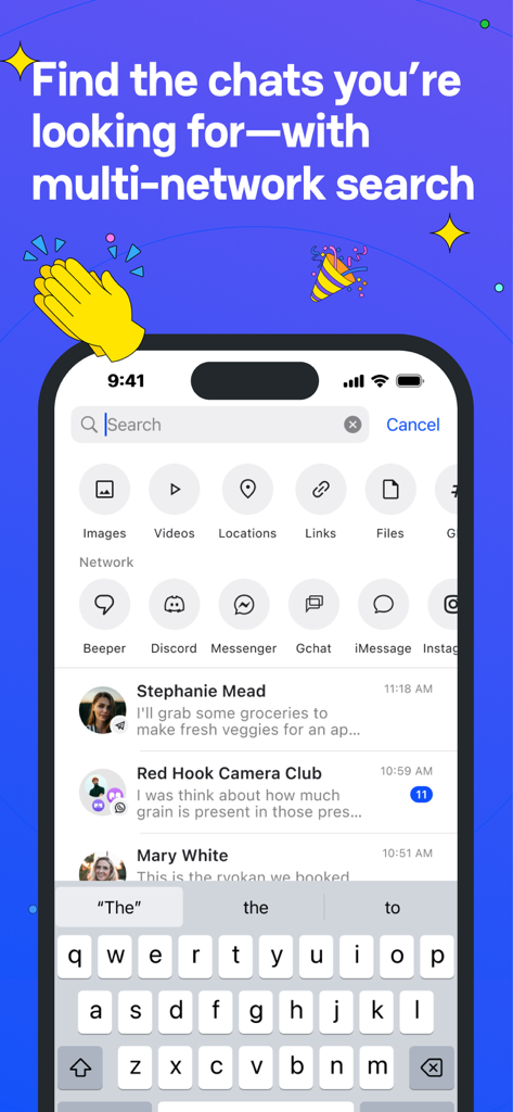Beeper app interface showcasing multi network search across different chat platforms