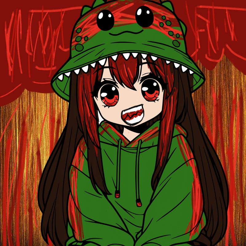 girl with anime shaped eyes with a dinosaur bucket hat oversized sweatshirt long straight hair