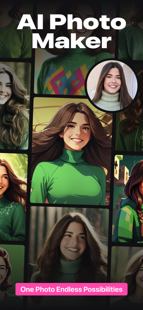 AI Photo Generator & Enhance - AI Photo Maker interface showing multiple artistic avatar versions generated from one source photo