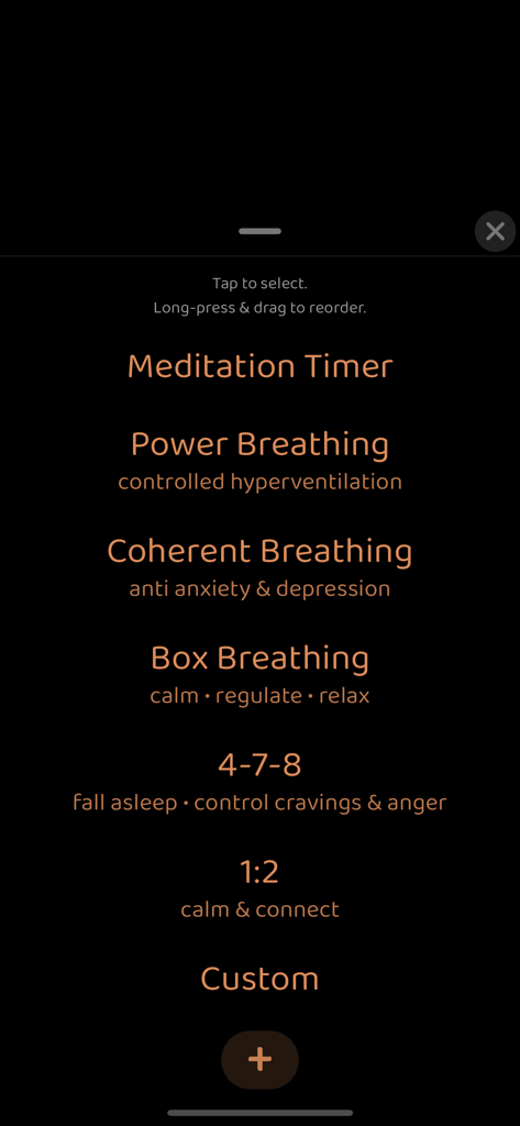 List of customizable breathing exercises including Box Breathing and 4-7-8 technique in a minimalist meditation app.