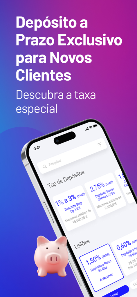 Best Bank - Tela do aplicativo Best Bank mostrando opções de depósitos a prazo com juros altos e um cofrinho rosa