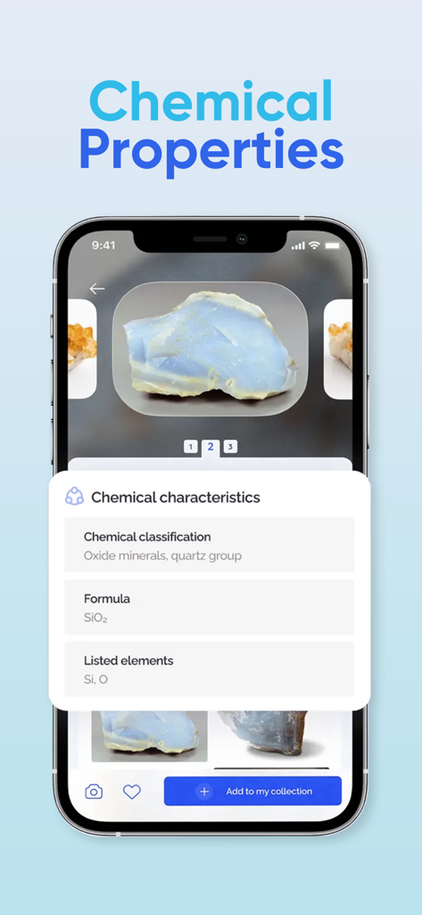 Rock identification app showing chemical properties and formula for a mineral