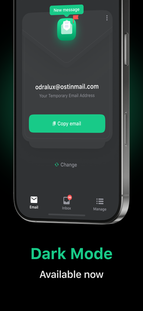 Temp Mail - Temporary Email - Un smartphone muestra la aplicación Temp Mail en modo oscuro con una dirección de correo electrónico temporal