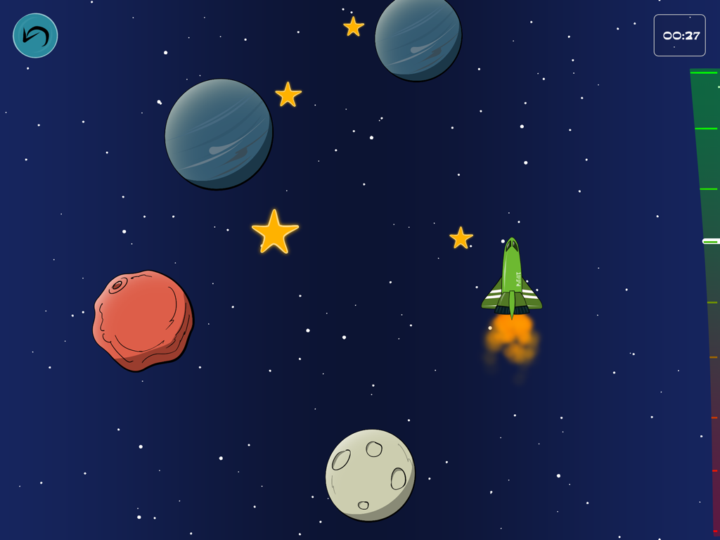 AstroLire - AstroLireアプリで、惑星や星が散りばめられた宇宙を飛ぶ緑色のロケット船。