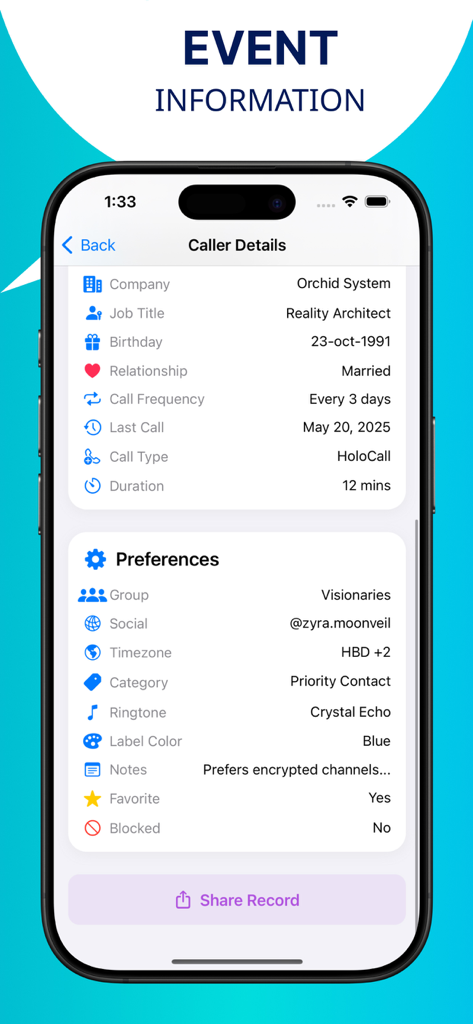 Detailed caller information and preferences screen in the Caller ID Phone + app