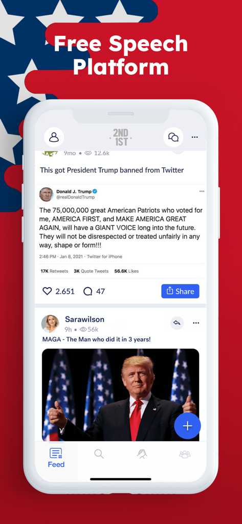 2nd1st - Truth, News & Social - Captura de pantalla del feed de la aplicación de redes sociales 2nd1st con publicaciones políticas y un eslogan para una plataforma de libertad de expresión