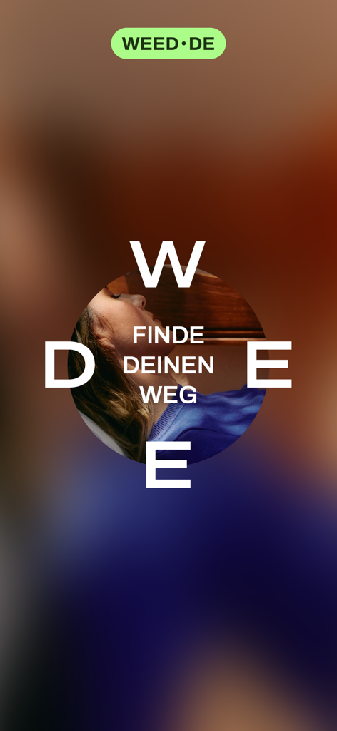Weed.de: Cannabis Medizin, CBD - Weed.de App-Startbildschirm mit einer ruhenden Frau und dem deutschen Text Finde deinen Weg