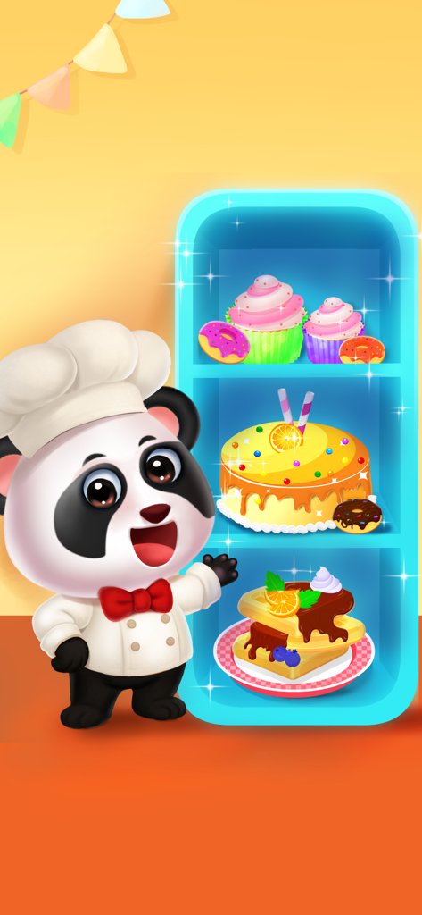 Donut Maker Games for Kids 4-5 - A cartoon panda chef standing next to a blue display shelf filled with cupcakes, donuts, a cake, and waffles