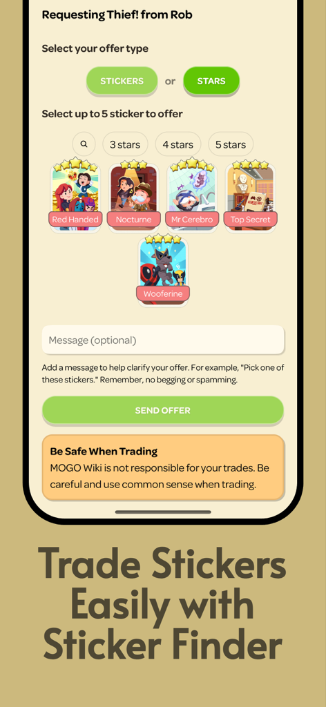 MOGO Wiki Tools - Interface for trading stickers in the MOGO Wiki Tools app showing a sticker offer screen.