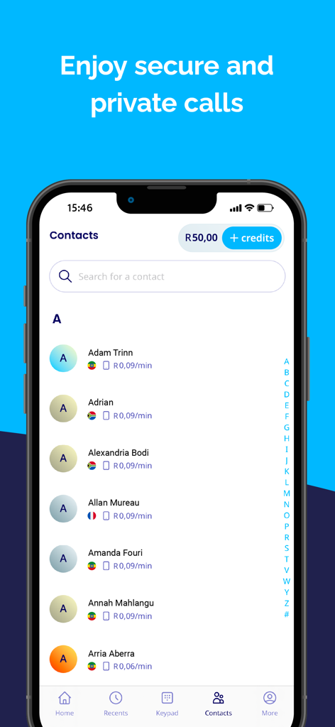 Talk360 app interface showing international contacts and calling rates