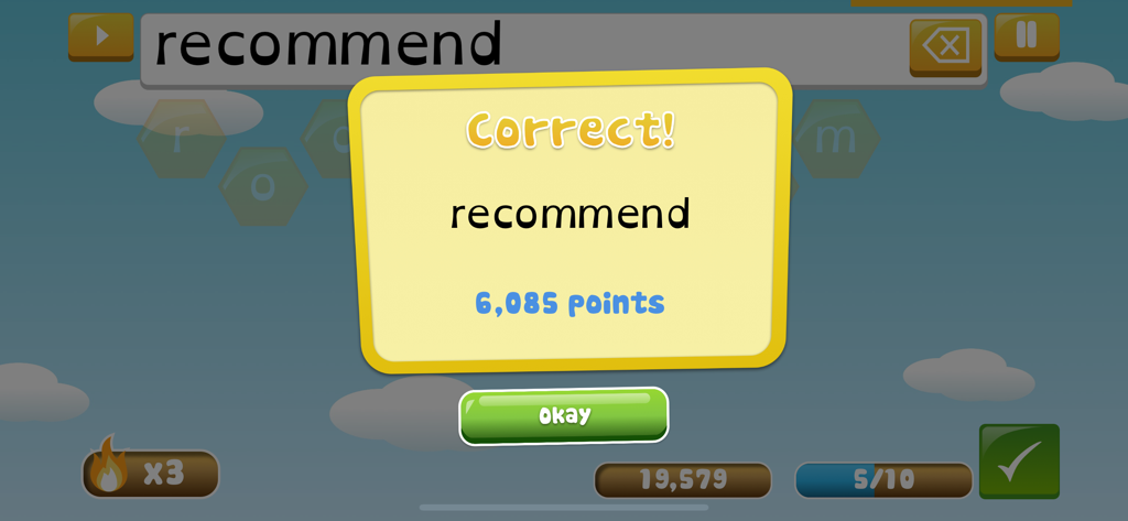 Spelling Shed - Spelling Shed app showing the correct spelling of the word recommend and points awarded