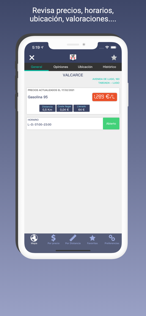Smartphone screen showing gas station details including prices, location, and opening hours in the Gasolineras España app.